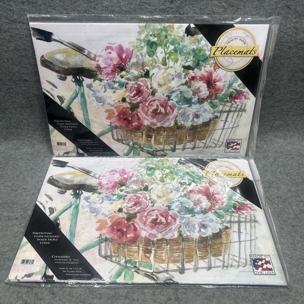 48‎ Counter Art Recyclable Paper Placemats Flowers Basket Bicycle USA 17" x 11"